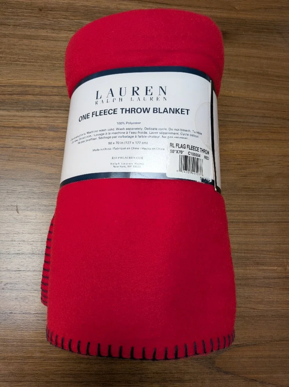 NWT Lauren Ralph Lauren Red Flag Embroidered Fleece Throw Blanket 50x70 Inches